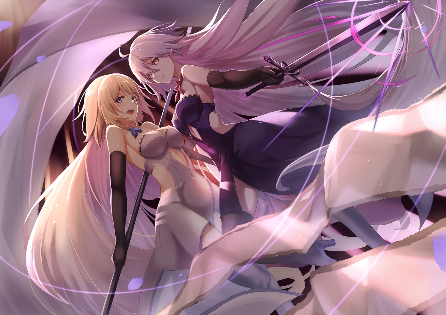 blonde_hair, blue_eyes, dress, elbow_gloves, fate/grand_order, fate_(series), fifty1202, gloves, gray_hair, jeanne_d'arc_alter, jeanne_d'arc_(fate), long_hair, staff, sword, weapon, yellow_eyes