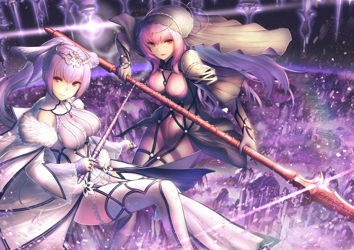 armor, bodysuit, breasts, fate/grand_order, fate_(series), garter, headdress, itaco1987, long_hair, ponytail, purple_hair, red_eyes, scathach_(fate/grand_order), scathach_skadi_(fate/grand_order), skintight, spear, thighhighs, wand, weapon