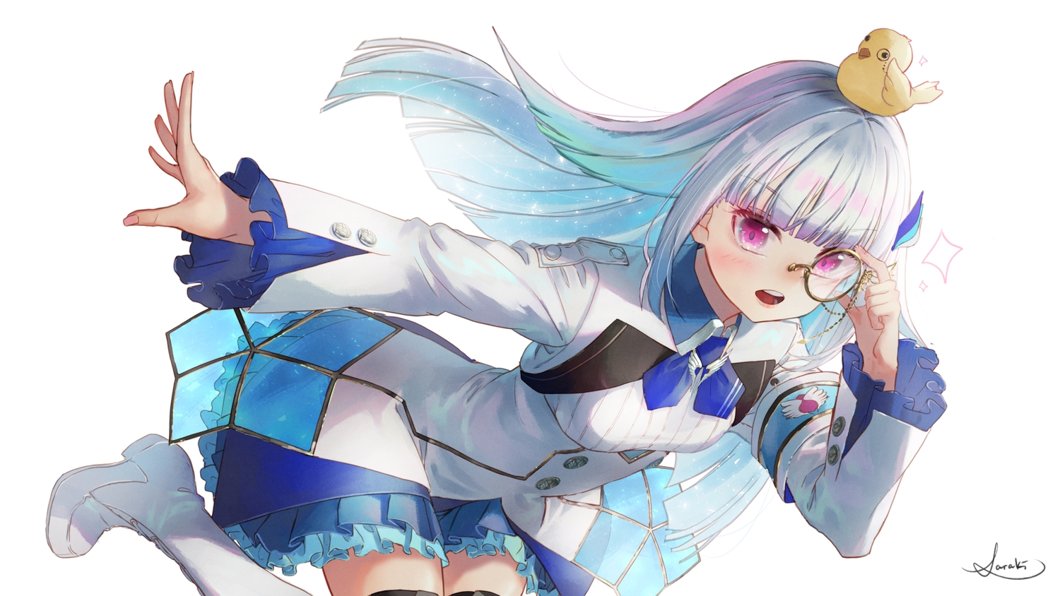animal, bird, boots, dress, glasses, lize_helesta, long_hair, nijisanji, purple_eyes, saraki, sebastian_piyodore, signed, thighhighs, white_hair, zettai_ryouiki