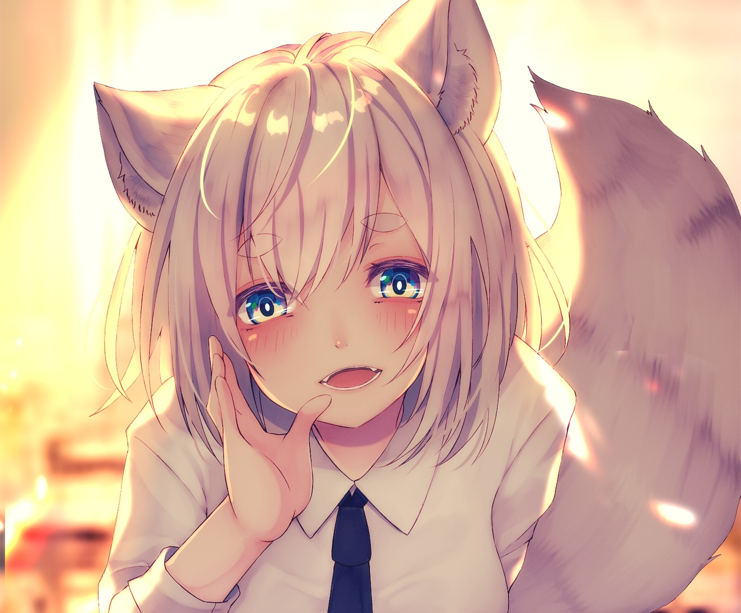 aliasing, animal_ears, blue_eyes, blush, chita_(ketchup), close, cropped, fang
