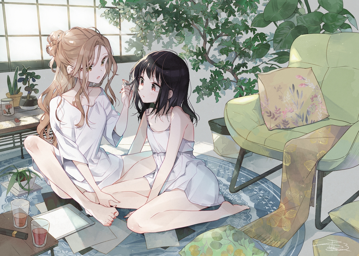 2girls, barefoot, black_hair, blonde_hair, brown_eyes, computer, dress, drink, futaribeya, kawawa_sakurako, leaves, long_hair, paper, short_hair, shoujo_ai, summer_dress, yamabuki_kasumi, yellow_eyes, yukiko_(tesseract)