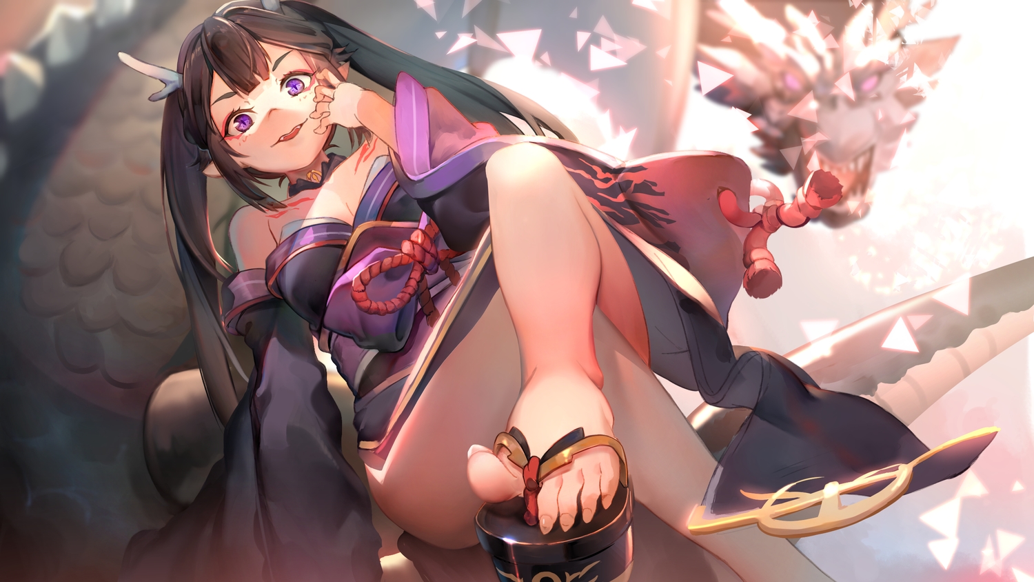 black_hair, dragon, fang, horns, japanese_clothes, kamisakai, kimono, long_hair