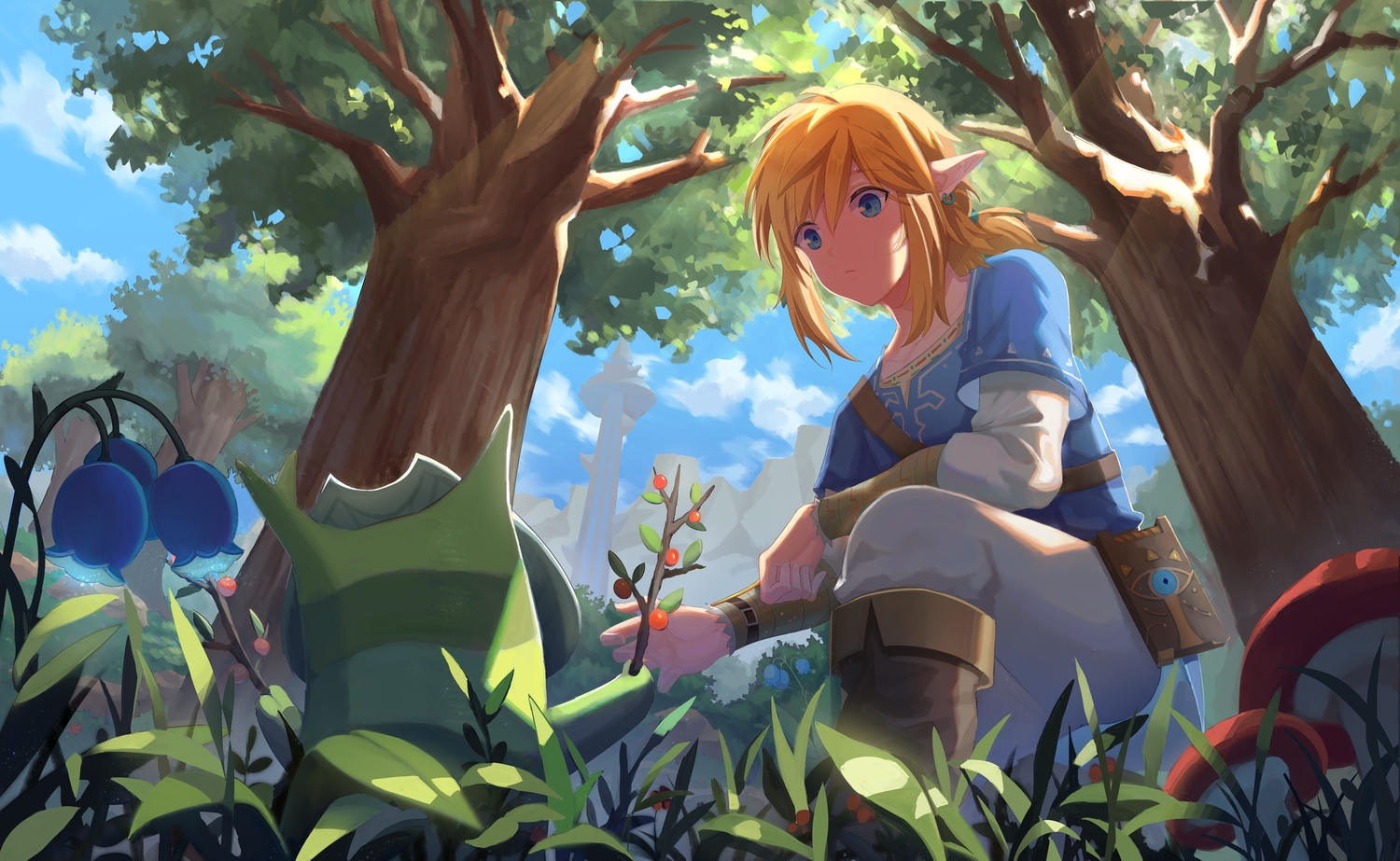 all_male, blonde_hair, blue_eyes, boots, clouds, flowers, grass, korok, link_(zelda), male, oisy, pointed_ears, ponytail, short_hair, sky, the_legend_of_zelda, tree