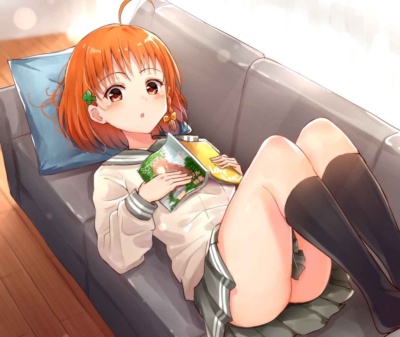 blush, book, braids, couch, kneehighs, love_live!_school_idol_project, love_live!_sunshine!!, orange_hair