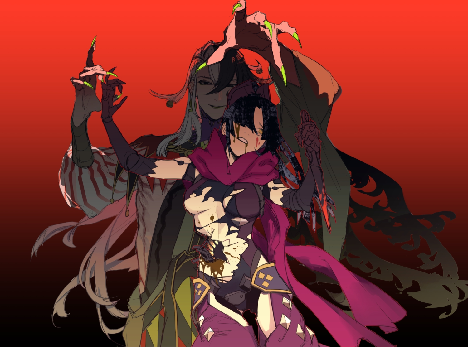 ashiya_douman, black_hair, blood, breasts, doll, elbow_gloves, fate/grand_order, fate_(series), gloves, gradient, ichimatsu_(odoro_lol), katou_danzou, knife, long_hair, male, red, scarf, sketch, techgirl, torn_clothes, underboob, weapon, white_hair, yellow_eyes