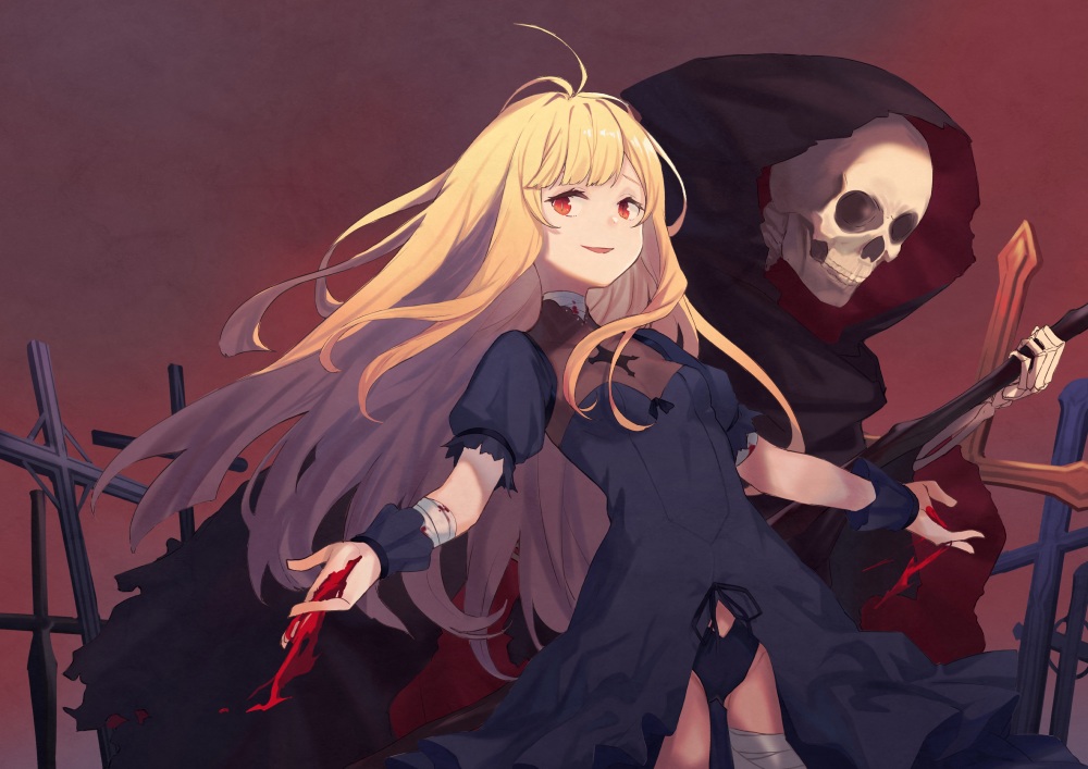 aliasing, bandage, blonde_hair, blood, dress, gothic, hood, long_hair