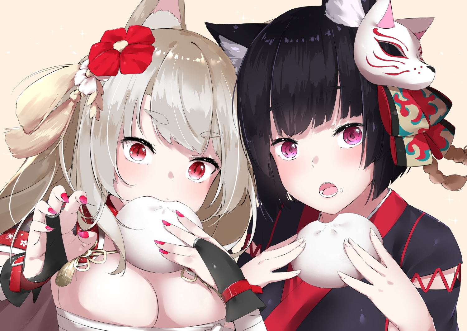 2girls, aliasing, animal_ears, anthropomorphism, azur_lane, black_hair, breasts, catgirl, cleavage, close, cotton_kanzaki, doggirl, food, gloves, gray_hair, japanese_clothes, long_hair, mask, purple_eyes, red_eyes, sarashi, short_hair, underwear, yamashiro_(azur_lane), yuudachi_(azur_lane)