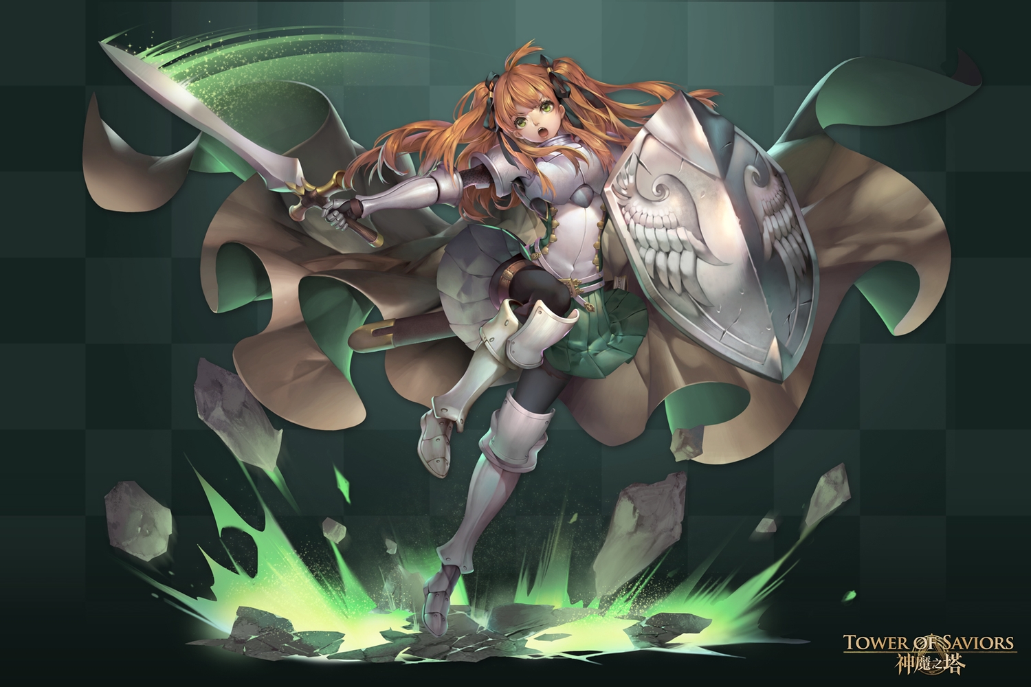 armor, boots, brown_hair, dress, green, green_eyes, logo, long_hair