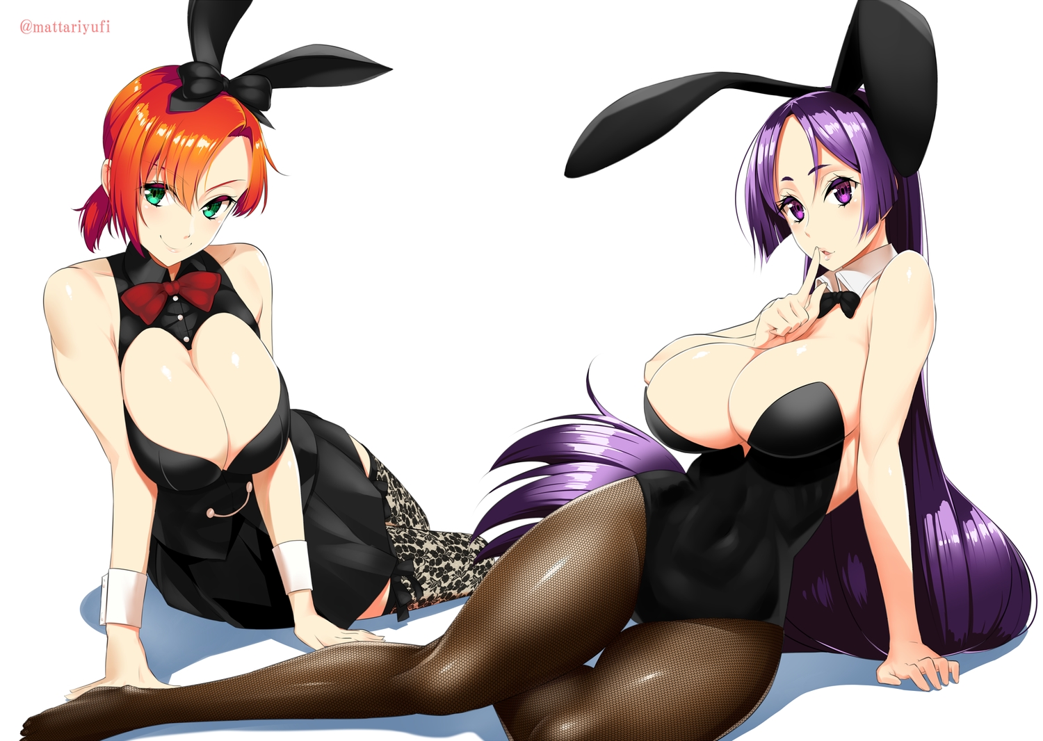 2girls, animal_ears, bodysuit, boudica_(fate/grand_order), bow, breasts, bunny_ears, bunnygirl, cleavage, fate/grand_order, fate_(series), green_eyes, long_hair, mattari_yufi, minamoto_no_yorimitsu_(fate), orange_hair, pantyhose, ponytail, purple_eyes, purple_hair, short_hair, skirt, thighhighs, watermark, white, wristwear