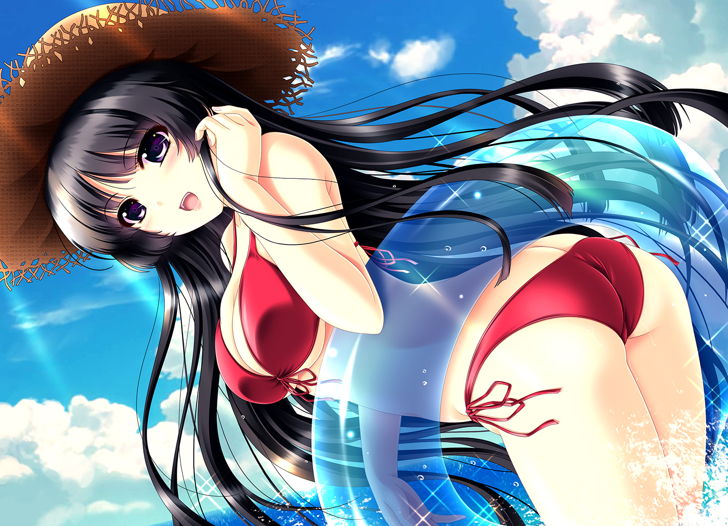 akino_shin, ass, bikini, black_hair, blush, bow, breasts, cleavage, clouds, hat, long_hair, original, purple_eyes, sky, swim_ring, swimsuit, water