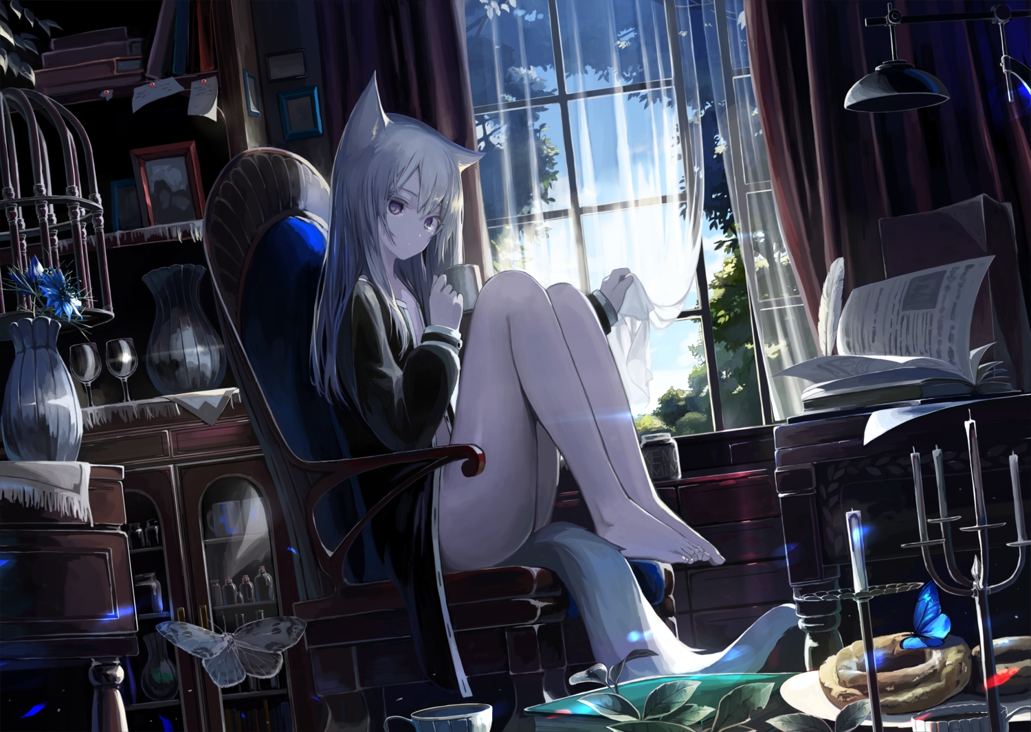 animal_ears, barefoot, book, butterfly, cage, flat_chest, flowers, foxgirl, gray_hair, long_hair, mikisai, original, petals, purple_eyes, tail