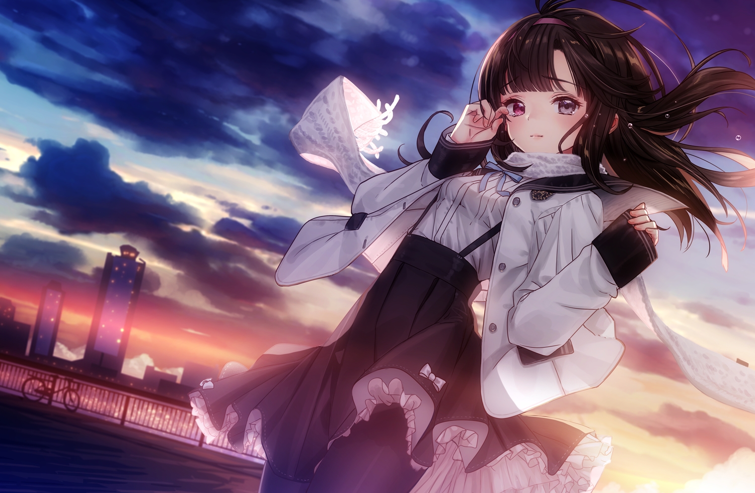 bicolored_eyes, brown_hair, building, city, clouds, headband, long_hair, original