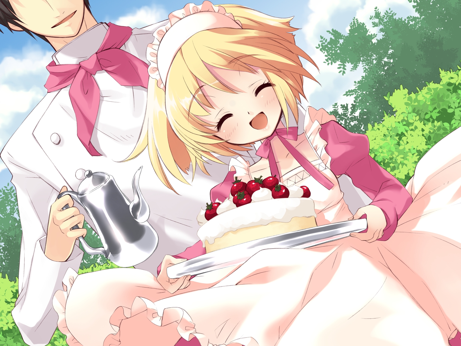 alice_parade, blonde_hair, cake, food, game_cg, maid, odoodo_funny, short_hair