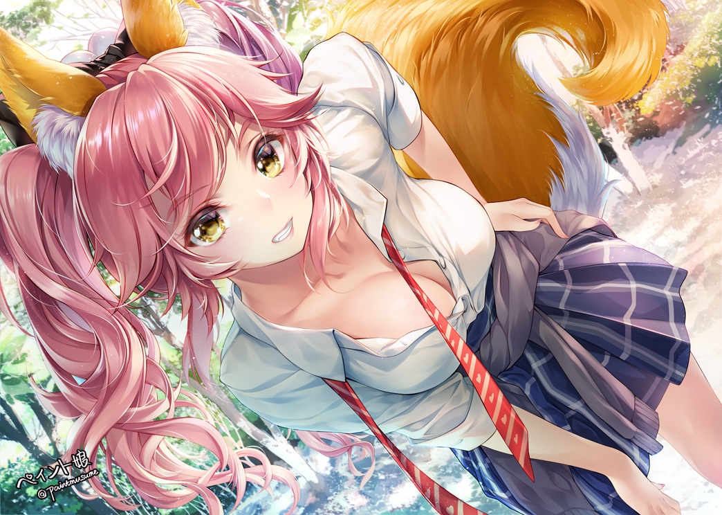 animal_ears, breasts, cleavage, fate/grand_order, fate_(series), foxgirl, jpeg_artifacts, long_hair, paintmusume, pink_hair, school_uniform, shirt, skirt, tail, tamamo_no_mae_(fate), tie, tree, twintails, watermark, yellow_eyes