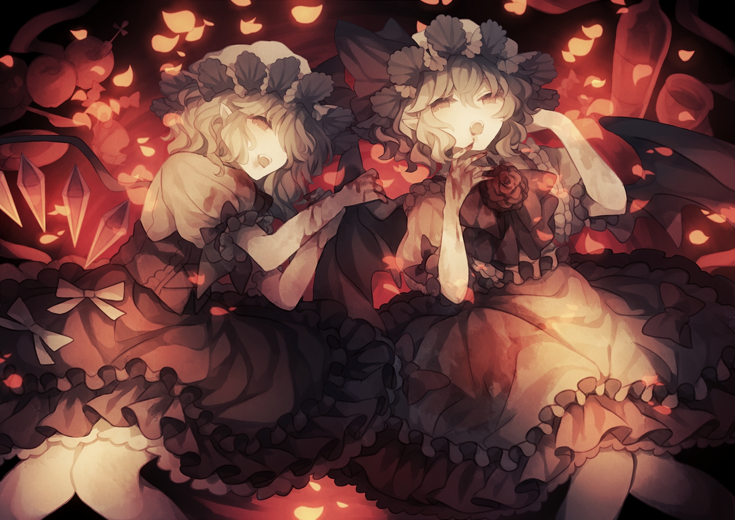 2girls, blood, bow, fang, flandre_scarlet, hat, lolita_fashion, petals