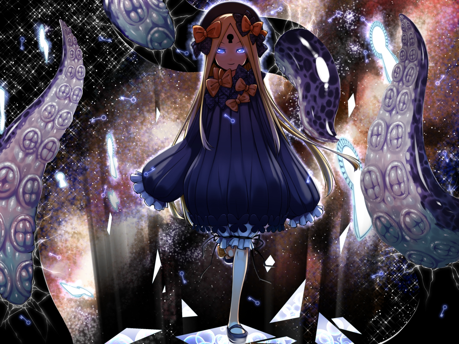 abigail_williams_(fate/grand_order), blonde_hair, bloomers, blue_eyes, bow, dress, fate/grand_order, fate_(series), hat, loli, long_hair, pantyhose, space, stars, takuteks, tentacles