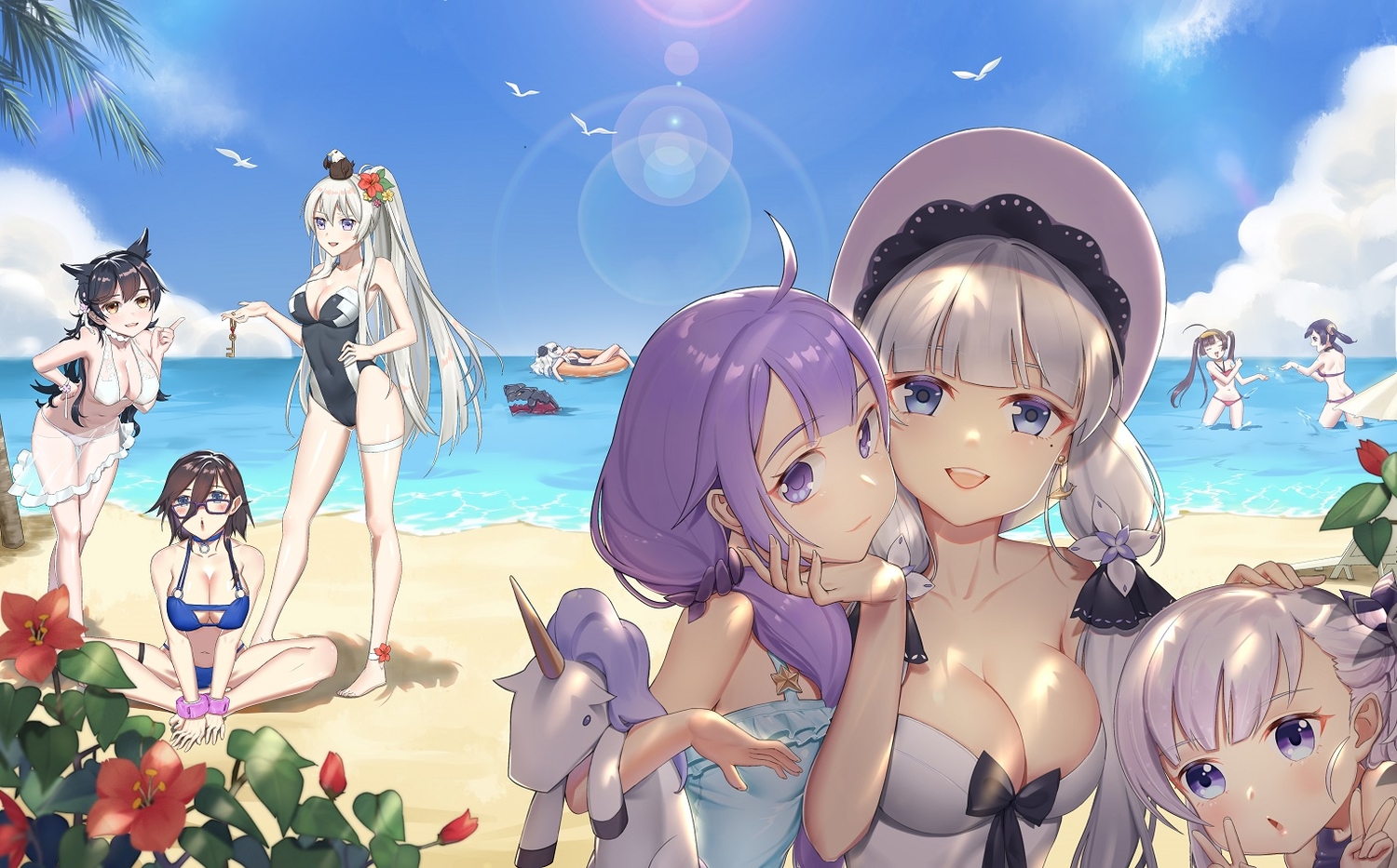 aliasing, animal, animal_ears, anthropomorphism, ark_royal_(azur_lane), atago_(azur_lane), azur_lane, beach