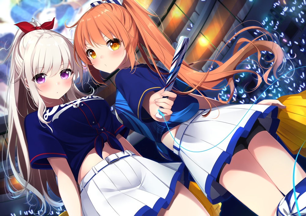 2girls, blush, brown_hair, cheerleader, clouds, long_hair, minato_shachiko, mizuki-chan_(sasahara_wakaba), orange_eyes, original, ponytail, purple_eyes, sasahara_wakaba, shorts, skirt, sky, thighhighs, white_hair
