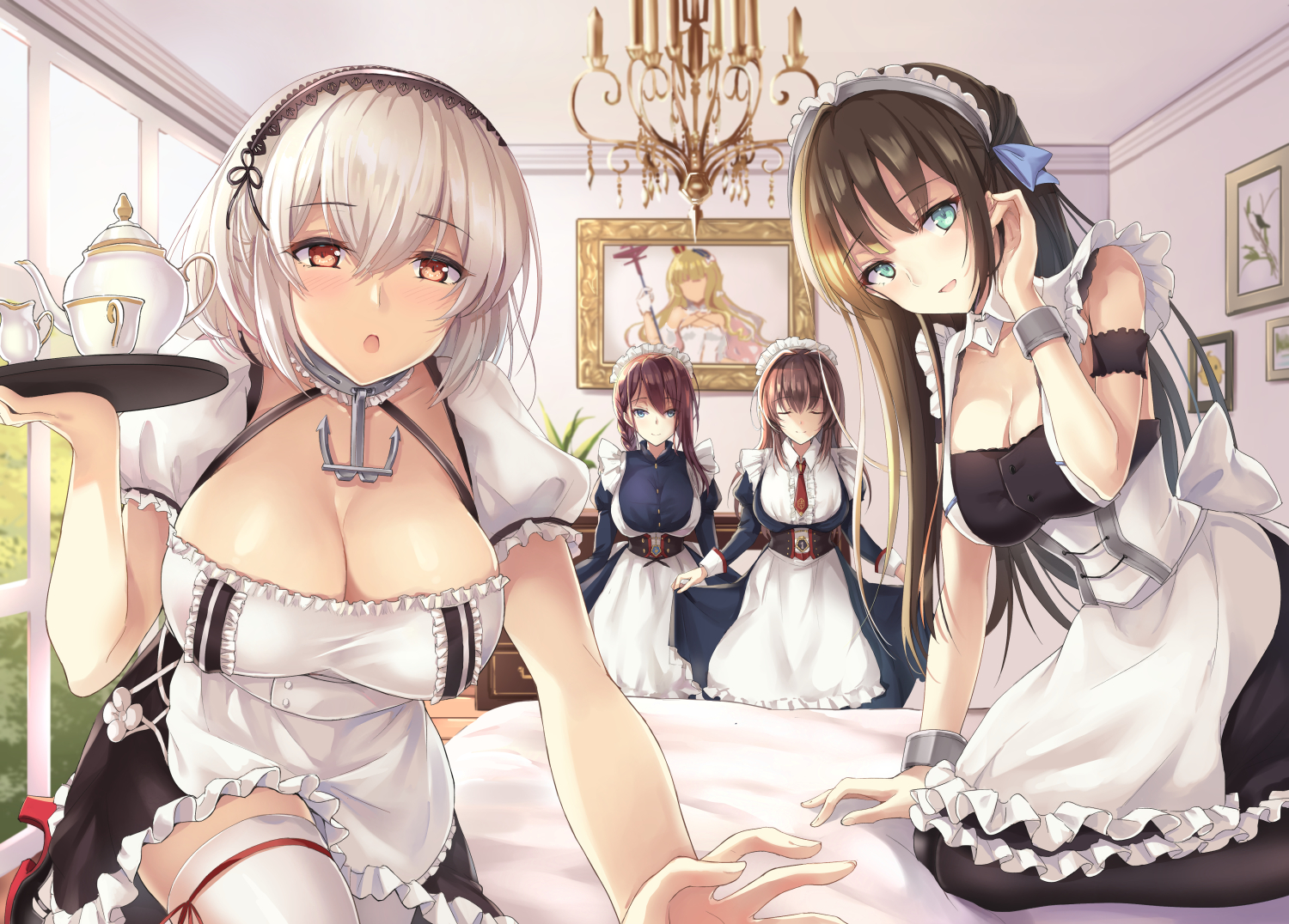 anthropomorphism, apron, azur_lane, bed, blue_eyes, blush, braids, breasts, brown_eyes, brown_hair, cleavage, corset, curacoa_(azur_lane), curlew_(azur_lane), green_eyes, group, long_hair, maid, newcastle_(azur_lane), short_hair, sirius_(azur_lane), thighhighs, white_hair, yuemanhuaikong