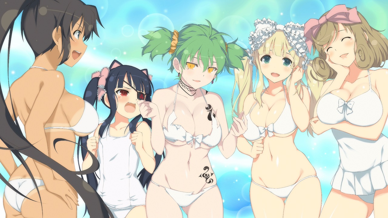 aliasing, bikini, black_hair, blonde_hair, blush, breasts, brown_hair, cleavage, dark_skin, eyepatch, gray_hair, group, haruka_(senran_kagura), hikage_(senran_kagura), homura_(senran_kagura), loli, long_hair, mirai_(senran_kagura), navel, ponytail, red_eyes, senran_kagura, short_hair, swimsuit, tan_lines, twintails, yaegashi_nan, yellow_eyes, yomi_(senran_kagura)
