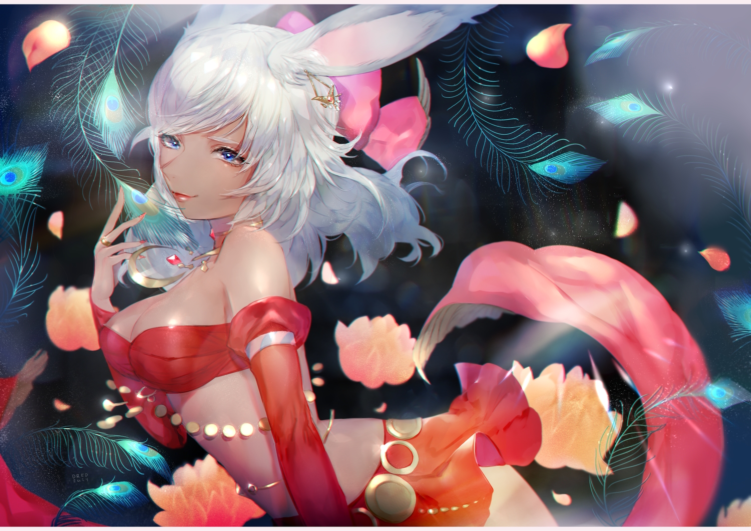 animal_ears, blue_eyes, breasts, bunny_ears, bunnygirl, cleavage, dark_skin, feathers