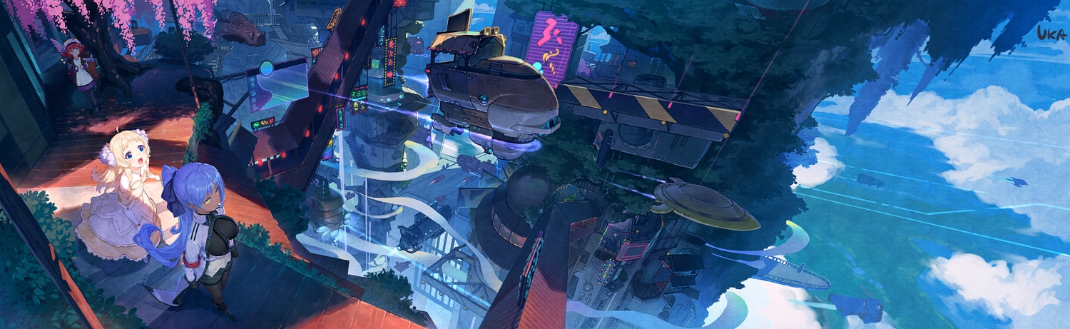 aircraft, airship, blonde_hair, blue_eyes, blue_hair, bodysuit, breasts, building
