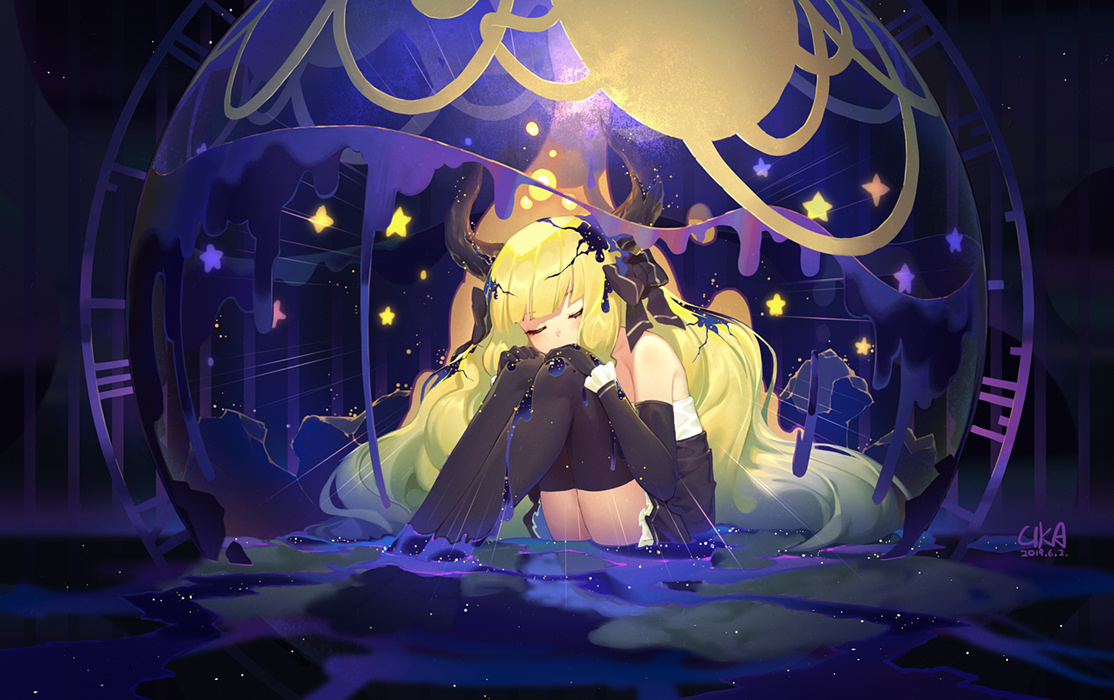 blonde_hair, dress, gloves, horns, long_hair, original, signed, thighhighs