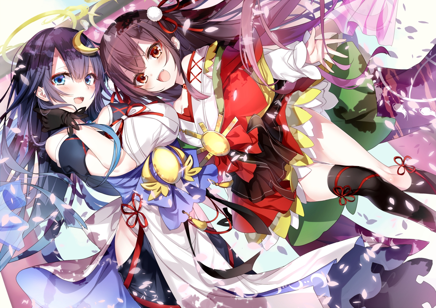 2girls, amatsuki_hirume, amatsuki_koyomi, aqua_eyes, black_hair, blush, brown_hair, emia_(castilla), fang, gloves, japanese_clothes, long_hair, petals, red_eyes, utouto_official