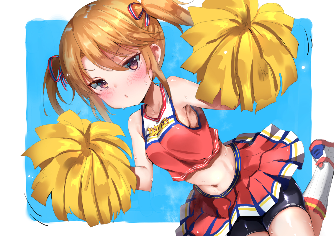 bike_shorts, blush, cheerleader, idolmaster, idolmaster_cinderella_girls, kneehighs, loli, navel, orange_hair, panbai, pink_eyes, short_hair, shorts, skirt, socks, twintails, yuuki_haru