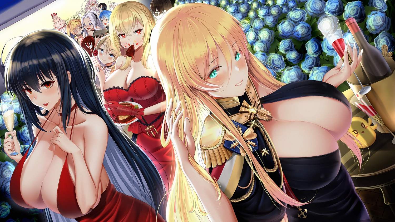 animal, anthropomorphism, ark_royal_(azur_lane), azur_lane, bird, bismarck_(azur_lane), breasts, cake, cleavage, close, dress, drink, enterprise_(azur_lane), erect_nipples, flowers, food, georgia_(azur_lane), group, helena_(azur_lane), hornet_(azur_lane), king_george_v_(azur_lane), kisaragi_(azur_lane), manjuu_(azur_lane), piukute062, rose, taihou_(azur_lane), yorktown_(azur_lane), z23_(azur_lane)