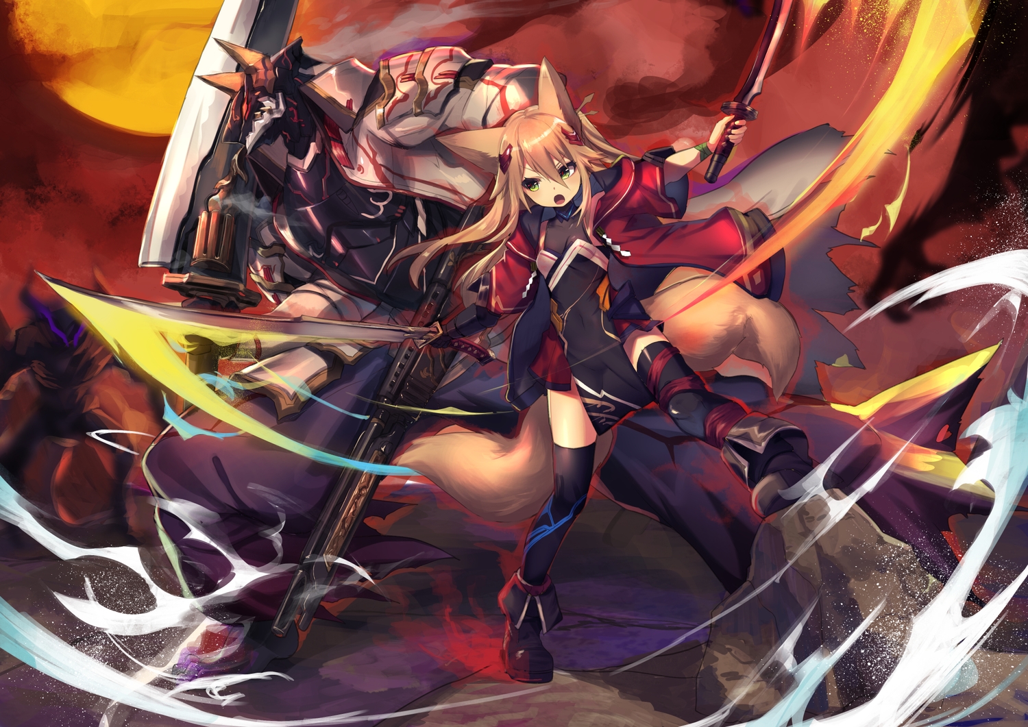 animal_ears, armor, blonde_hair, foxgirl, green_eyes, gun, haik, japanese_clothes