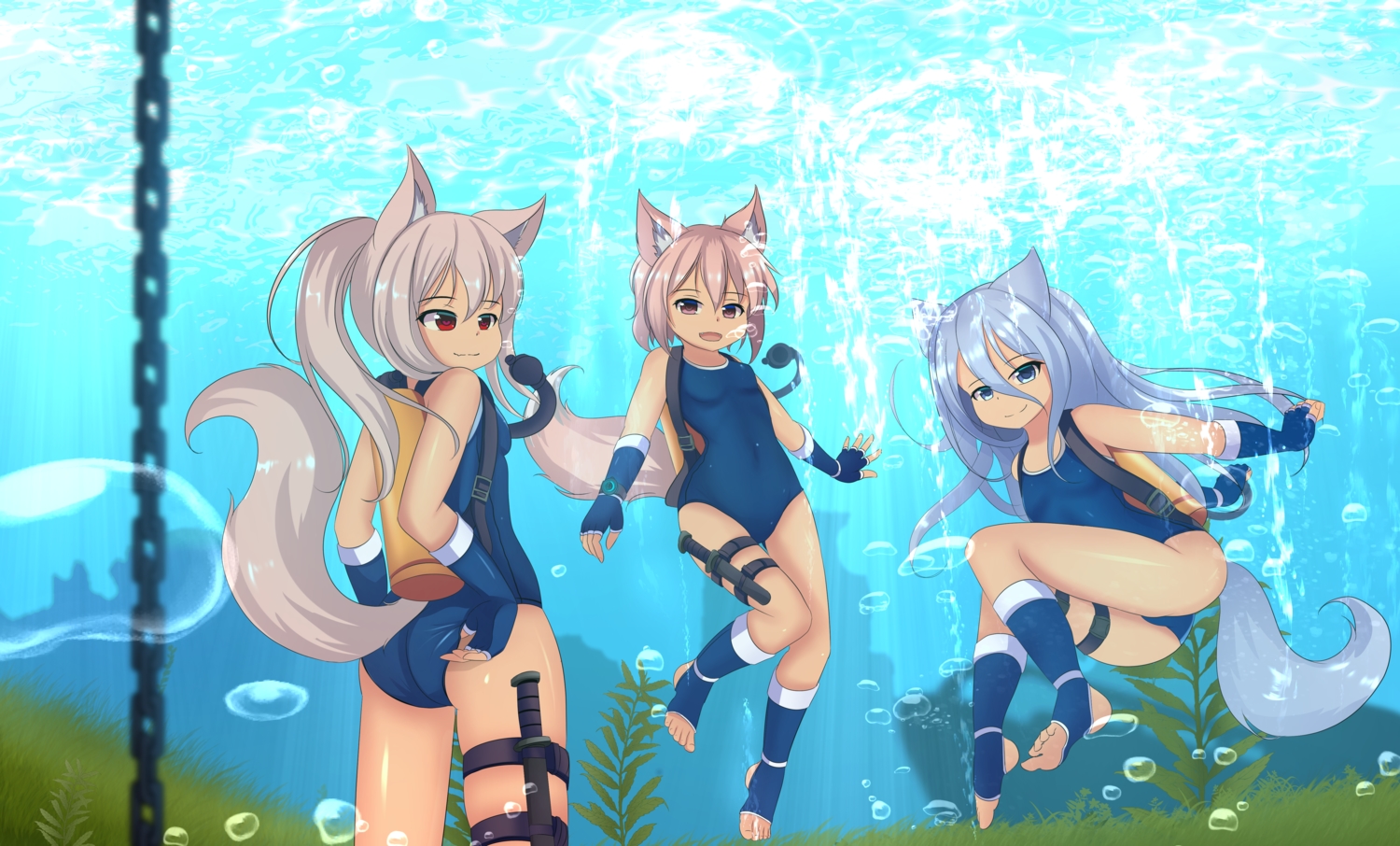 animal_ears, blue_eyes, bubbles, chain, foxgirl, grass, hotel01, kneehighs