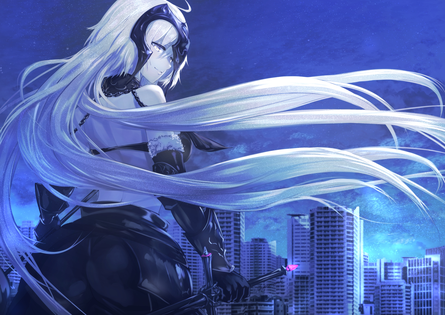 armor, ass, bikini_top, building, city, clouds, elbow_gloves, fate/grand_order, fate_(series), gloves, headdress, jeanne_d'arc_alter, jeanne_d'arc_(fate), long_hair, night, sky, stars, sword, uenoryoma, weapon, white_hair, yellow_eyes
