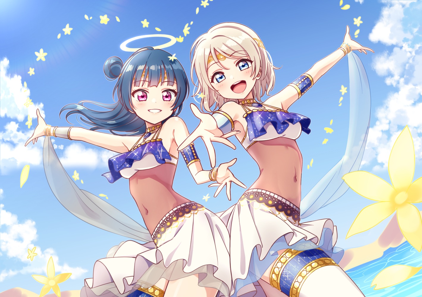 2girls, blue_eyes, blue_hair, clouds, deadnooodles, flowers, garter, gray_hair