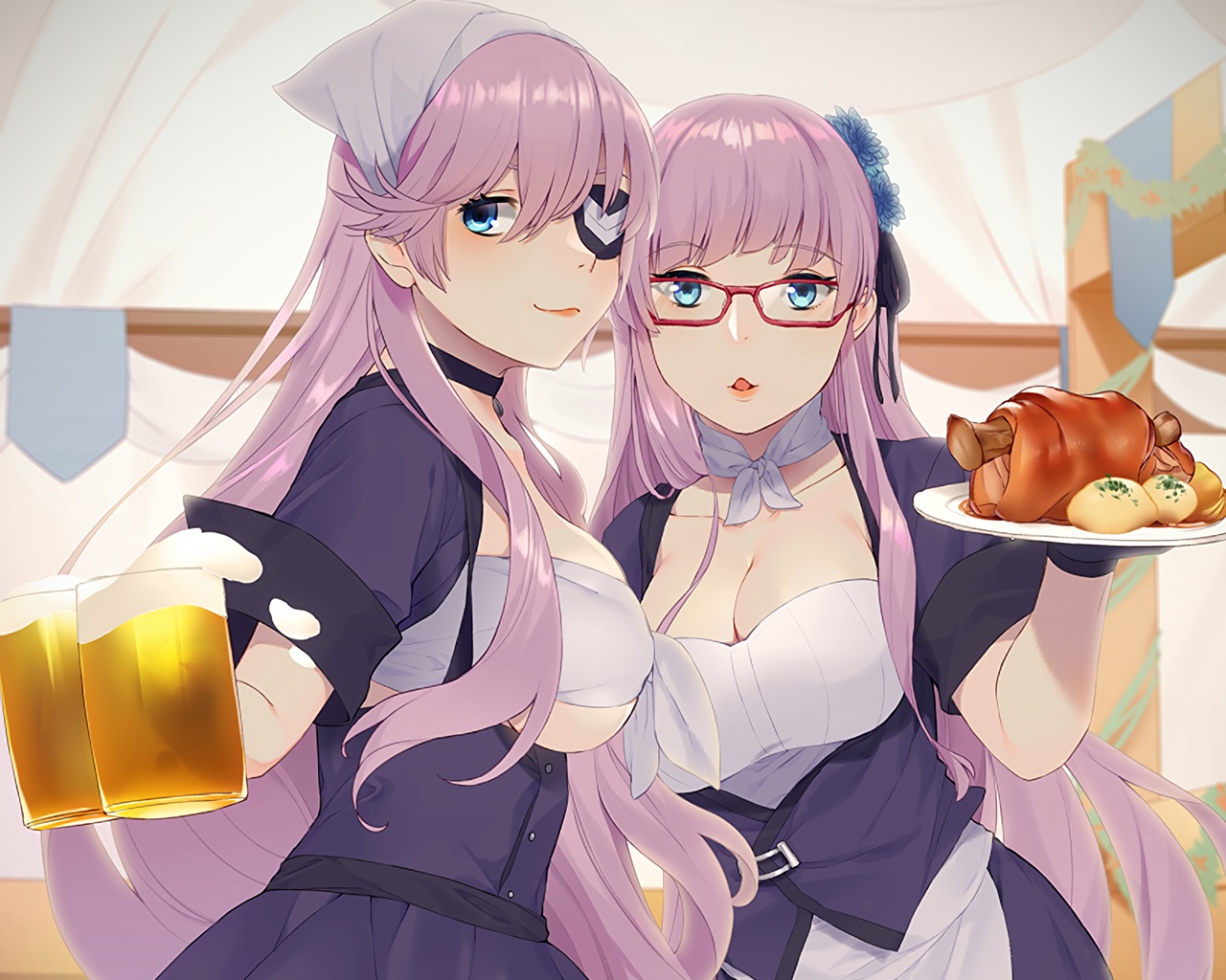 2girls, anthropomorphism, aqua_eyes, azur_lane, breasts, choker, cleavage, cropped, dress, drink, eyepatch, food, glasses, gloves, gneisenau_(azur_lane), headdress, long_hair, maid, maitei_roppa, pink_hair, scharnhorst_(azur_lane), underboob, waifu2x, waitress