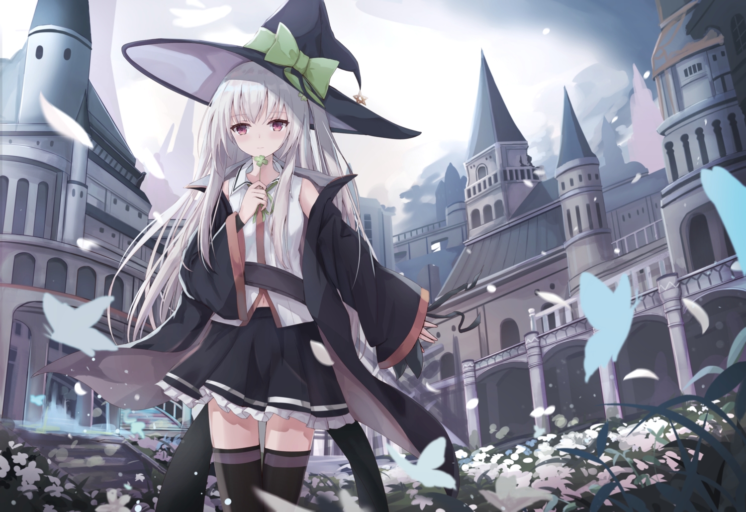bow, building, butterfly, flowers, hat, long_hair, navel, original