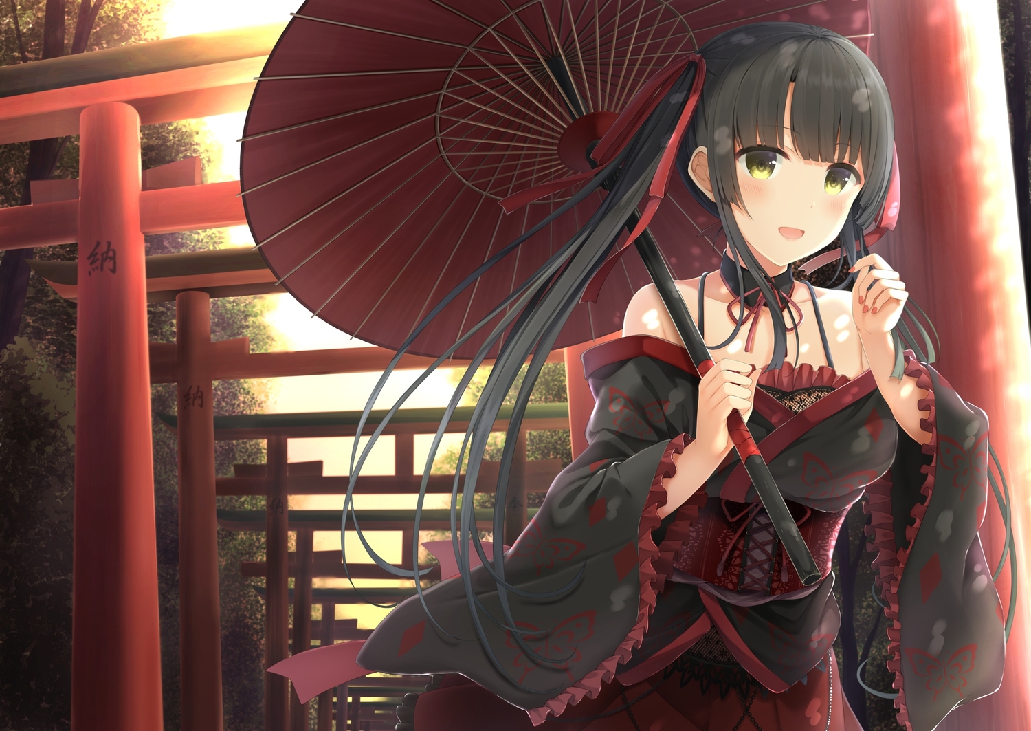 black_hair, blush, corset, goth-loli, green_eyes, japanese_clothes, kimono, kinakomochi_(egoist)