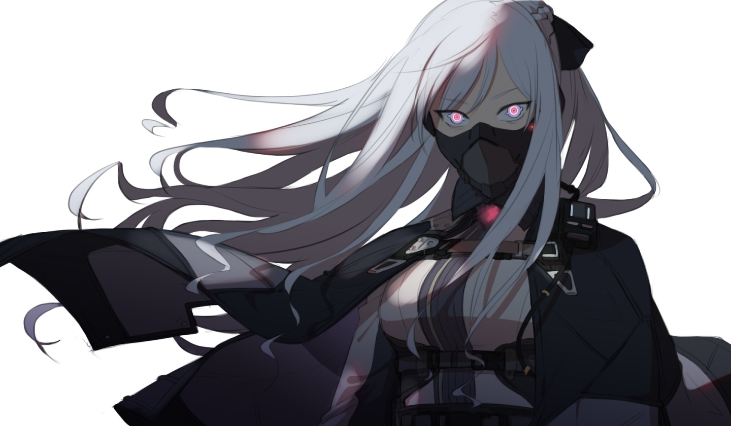 ak12_(girls_frontline), anthropomorphism, cape, girls_frontline, gray_hair, long_hair, maiqtells, mask, pink_eyes, waifu2x, white