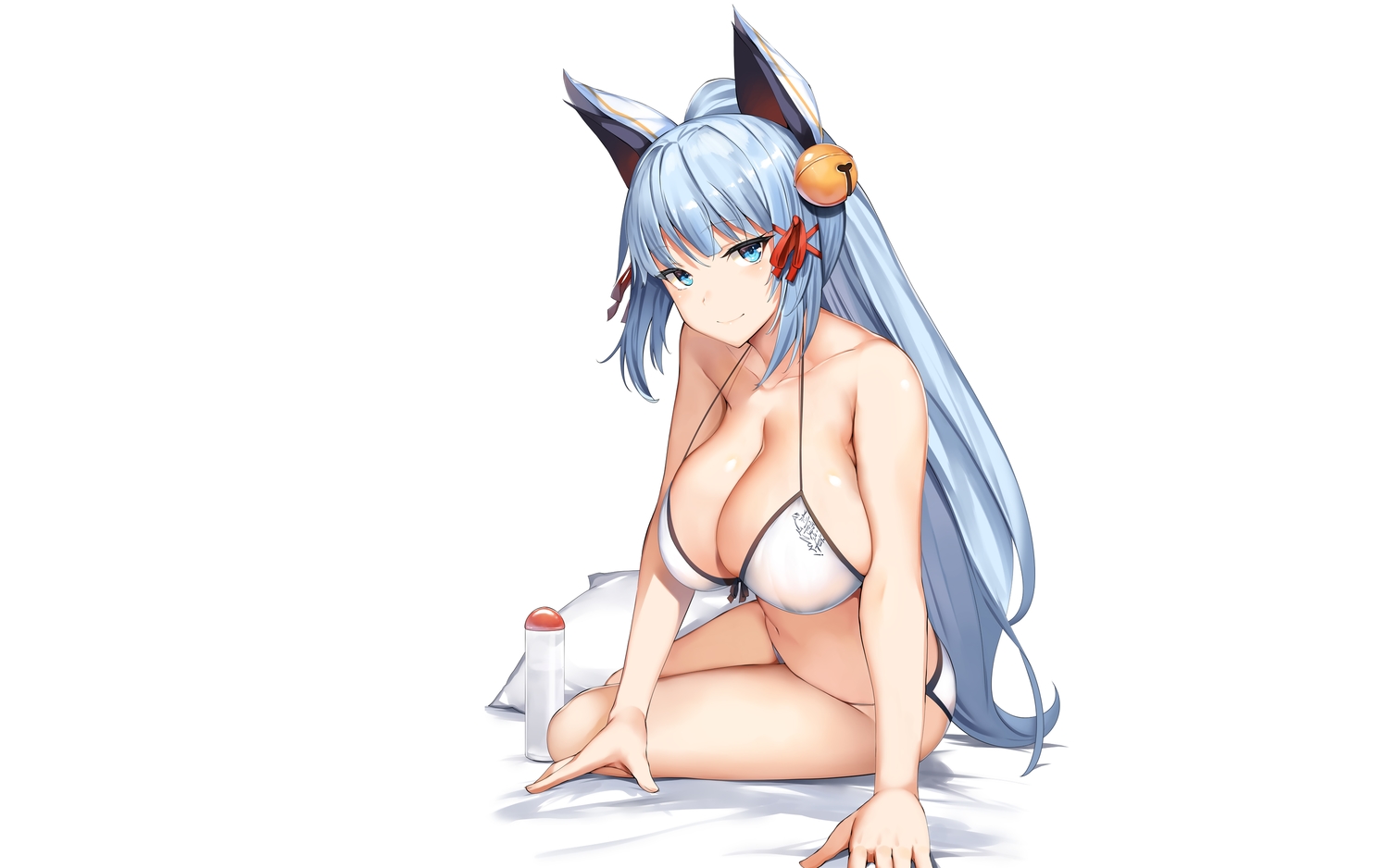 animal_ears, aqua_eyes, aqua_hair, belko, bikini, breasts, cleavage, hisame_shakadou, kanpani_girls, long_hair, navel, ponytail, swimsuit, third-party_edit, white