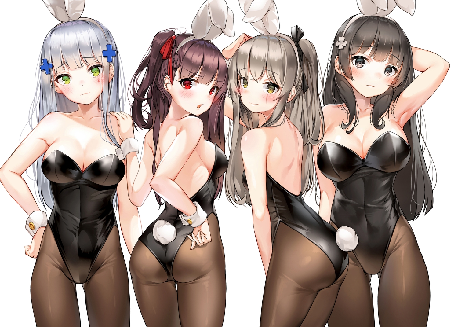 animal_ears, anthropomorphism, ass, black_hair, blush, bodysuit, bow, braids, breasts, brown_eyes, brown_hair, bunny_ears, bunnygirl, cleavage, girls_frontline, gray_hair, green_eyes, group, headband, hk416_(girls_frontline), lee_seok_ho, long_hair, pantyhose, ponytail, red_eyes, ribbons, scar, tail, tattoo, type_95_(girls_frontline), ump-45_(girls_frontline), wa2000_(girls_frontline), white, wristwear, yellow_eyes