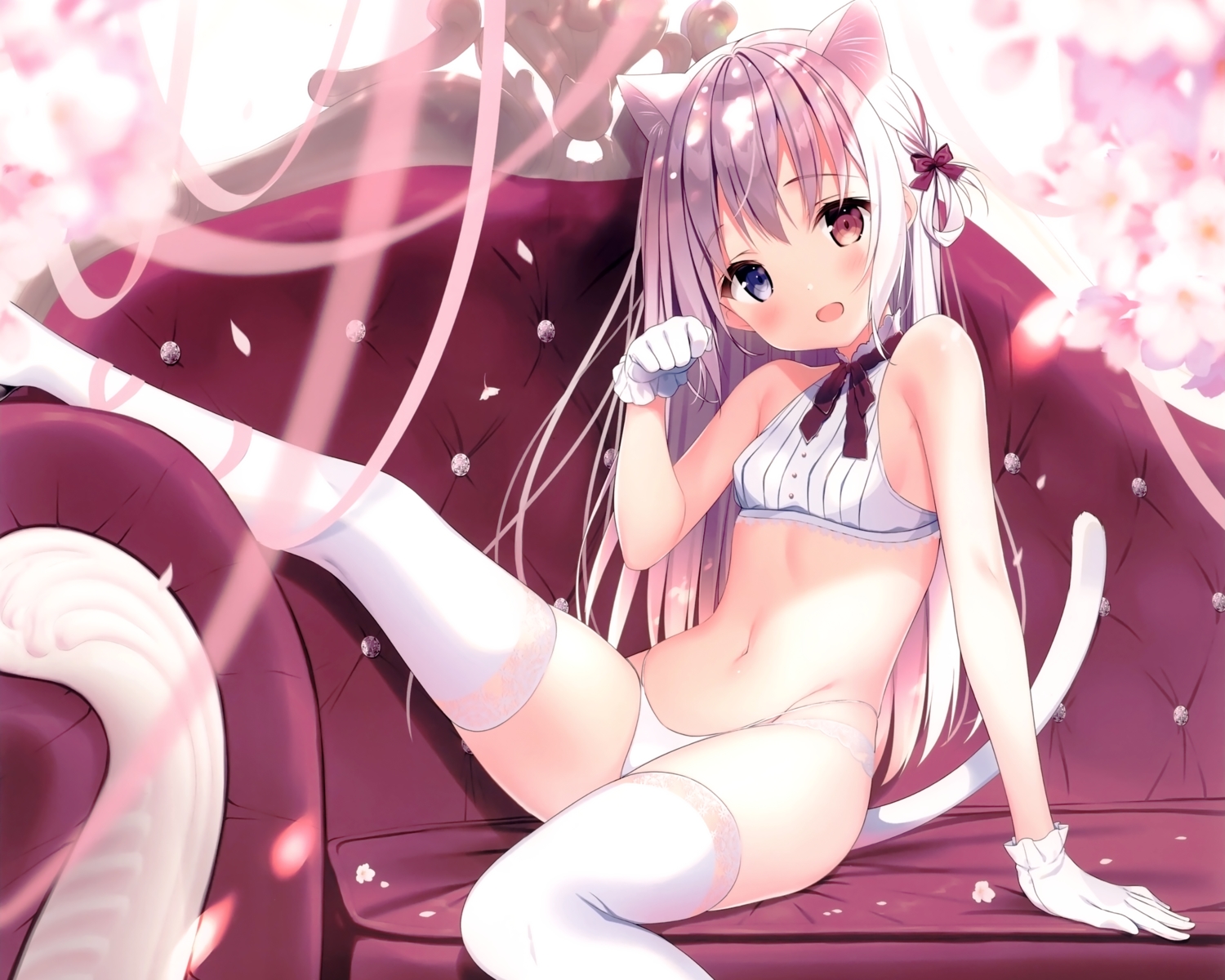 animal_ears, bicolored_eyes, blush, bow, catgirl, couch, cropped, futaba_miwa, gloves, gray_hair, long_hair, navel, original, panties, scan, tail, thighhighs, underwear
