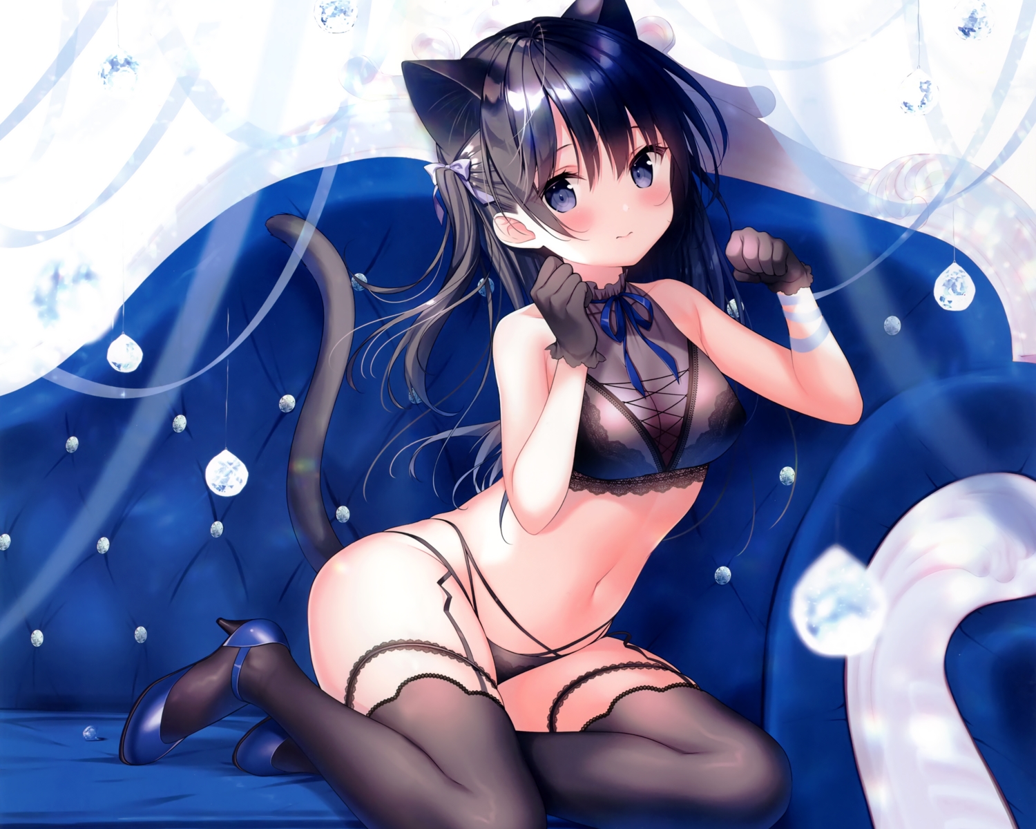 animal_ears, black_hair, blue_eyes, breasts, catgirl, cleavage, couch, cropped, futaba_miwa, garter_belt, gloves, long_hair, navel, original, panties, scan, stockings, tail, thighhighs, underwear