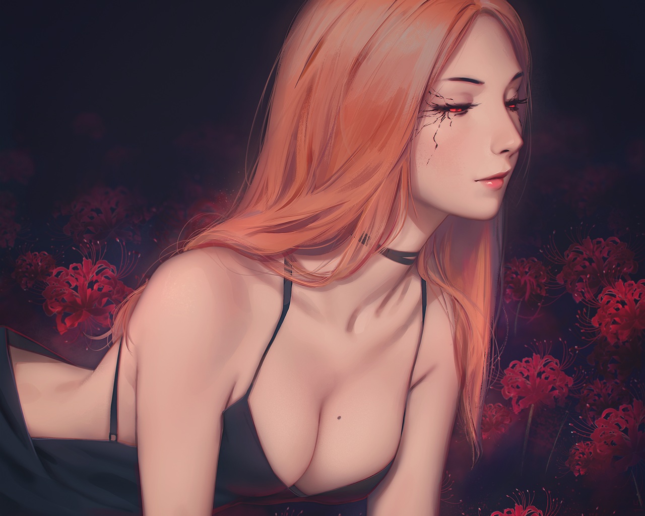 breasts, choker, cleavage, cropped, dress, flowers, itori_(tokyo_ghoul), long_hair, miura_naoko, orange_hair, realistic, red_eyes, tokyo_ghoul