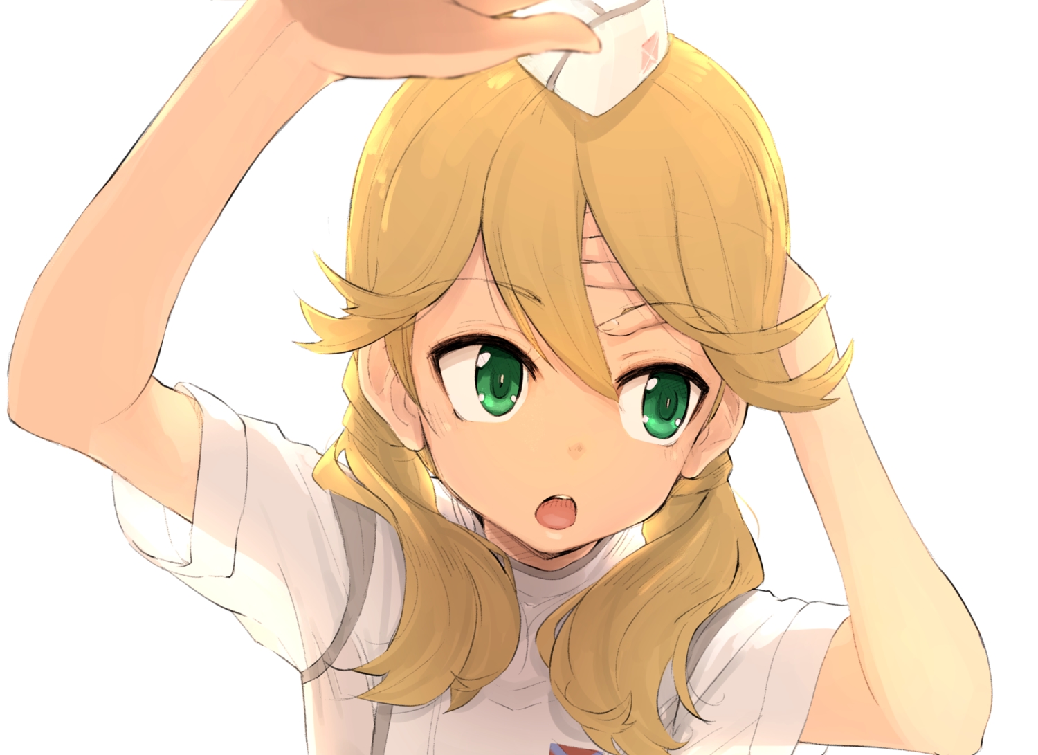 alice_gear_aegis, blonde_hair, close, green_eyes, hat, kotomura_akane, long_hair, momo_(higanbana_and_girl), see_through, twintails, uniform, white