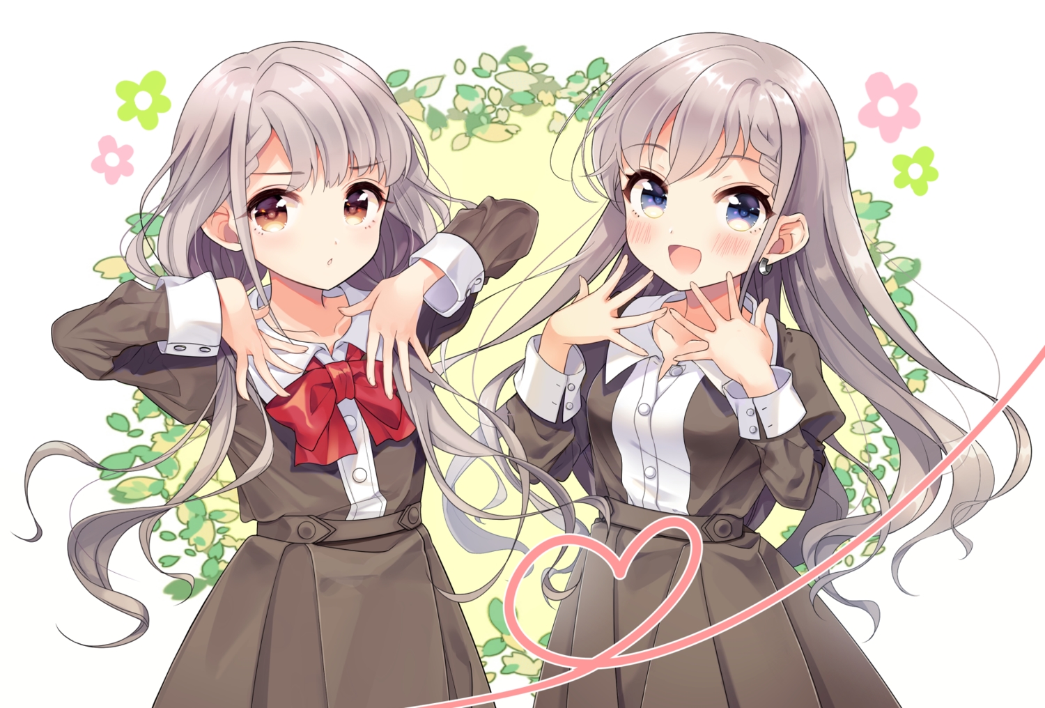 2girls, blue_eyes, blush, bow, braids, breasts, brown_eyes, gray_hair