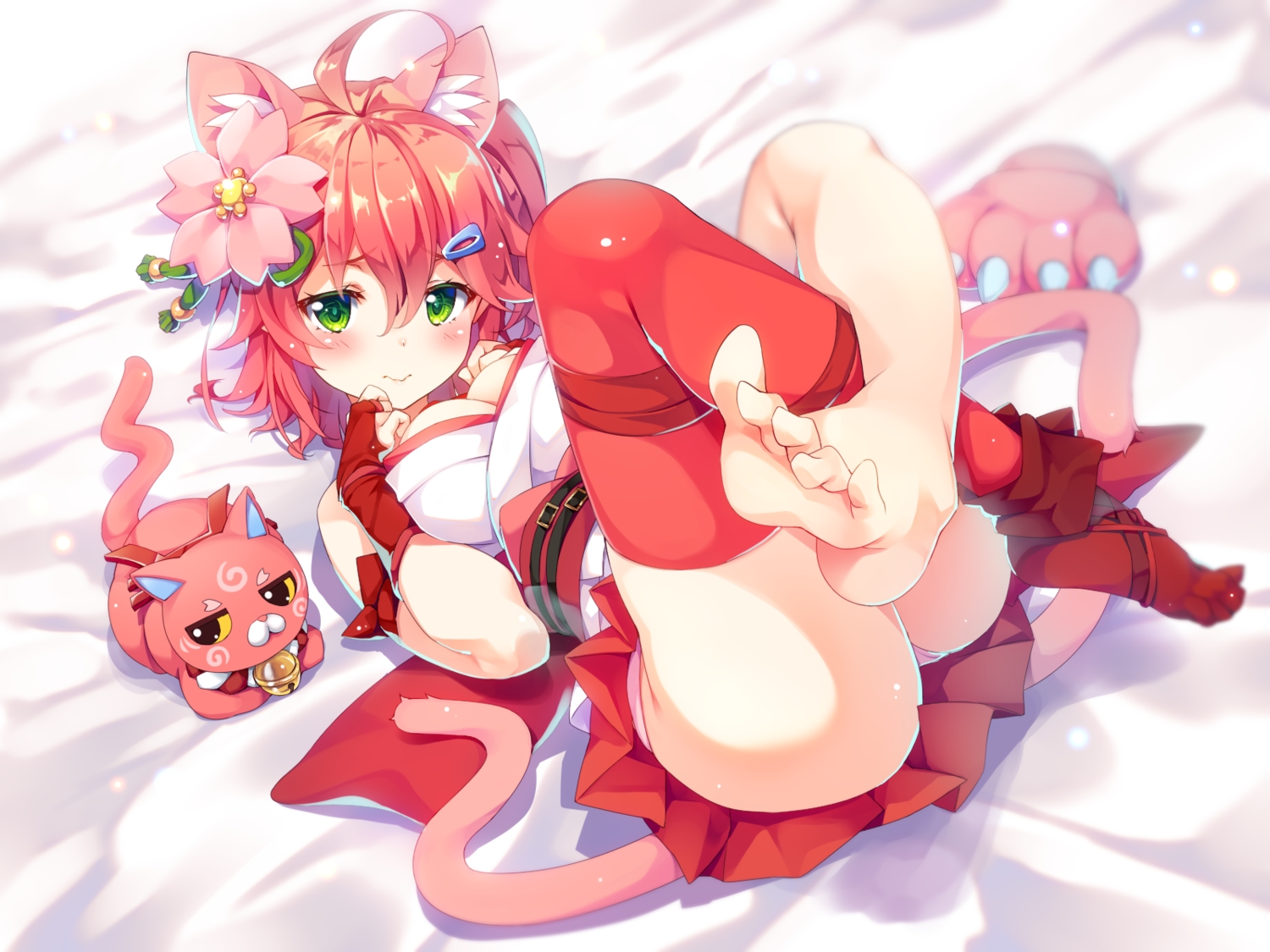 animal, animal_ears, bell, breast_hold, breasts, cat, catgirl, cleavage