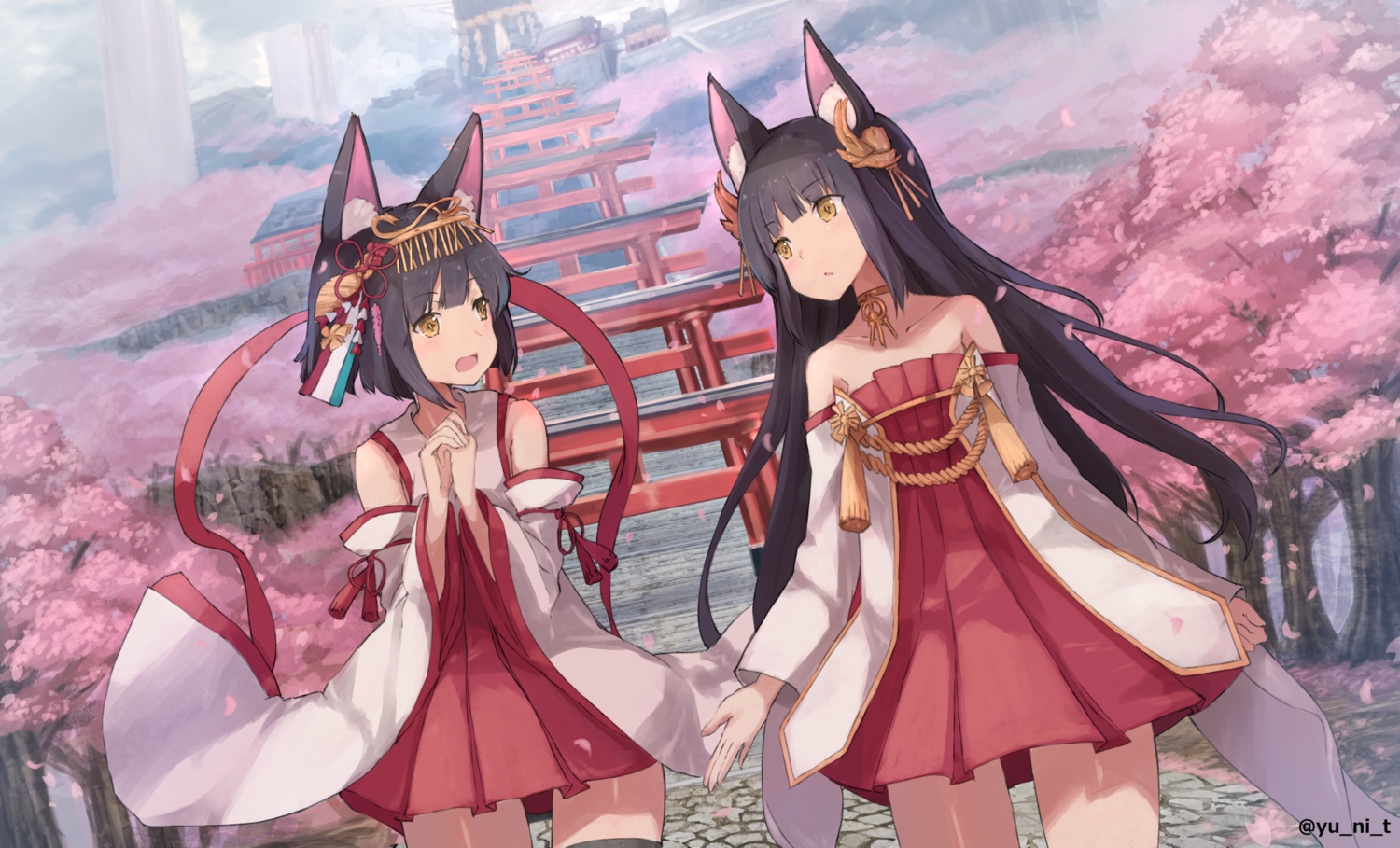 2girls, animal_ears, anthropomorphism, azur_lane, black_hair, cherry_blossoms, choker, flowers