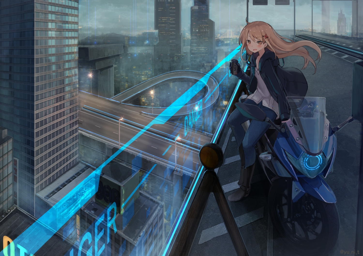 brown_eyes, brown_hair, building, city, dark, hood, motorcycle, original