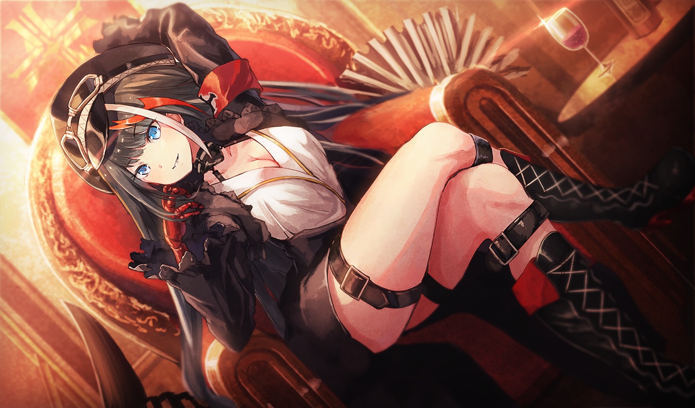 anthropomorphism, azur_lane, black_hair, blue_eyes, boots, breasts, cleavage, deutschland_(azur_lane), drink, garter, goggles, hat, long_hair, skirt, techgirl, yu_ni_t
