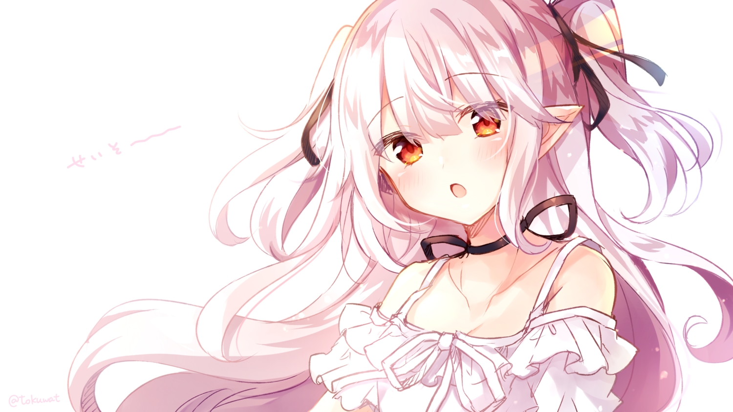 blush, choker, chucolala, close, dress, fukunoki_tokuwa, long_hair, mashiro_kanon, pointed_ears, red_eyes, ribbons, signed, summer_dress, twintails, white, white_hair